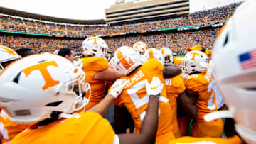 KNOXVILLE, TN - OCTOBER 12: Tennessee Volunteer players celebrate with Tyler Byrd #10 after his touchdown during the second half of a game against the Mississippi State Bulldogs at Neyland Stadium on October 12, 2019 in Knoxville, Tennessee. (Photo by Carmen Mandato/Getty Images)