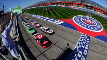 FONTANA, CA - MARCH 17: Austin Dillon, driver of the #3 Dow Coatings Chevrolet, and Kevin Harvick, driver of the #4 Jimmy John's Ford, take the green flag to start the Monster Energy NASCAR Cup Series Auto Club 400 at Auto Club Speedway on March 17, 2019 in Fontana, California. (Photo by Robert Laberge/Getty Images)