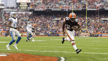 Nov 21, 2021; Cleveland, Ohio, USA; Cleveland Browns running back Nick Chubb (24) runs the ball into the end zone for a touchdown against the Detroit Lions during the second quarter at FirstEnergy Stadium. Mandatory Credit: Scott Galvin-USA TODAY Sports