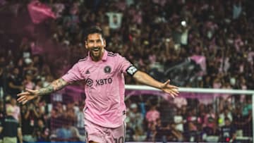 Jul 21, 2023; Fort Lauderdale, FL, USA; Inter Miami CF forward Lionel Messi (10) celebrates after scoring a goal against Cruz Azul during the second half at DRV PNK Stadium. Mandatory Credit: Major League Soccer via USA TODAY Sports