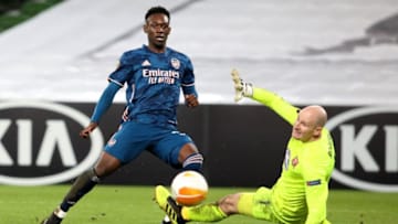 Arsenal's English striker Folarin Balogun (L) scores his team's fourth goal during the UEFA Europa League 1st round Group B football match between Dundalk and Arsenal at Aviva Stadium in Dublin, Ireland on December 10, 2020. (Photo by Paul Faith / AFP) (Photo by PAUL FAITH/AFP via Getty Images)