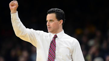 Feb 24, 2016; Boulder, CO, USA; Arizona Wildcats head coach Sean Miller calls in a play in the second half against the Colorado Buffaloes at the Coors Events Center. The Buffaloes defeated the Wildcats 75-72. Mandatory Credit: Ron Chenoy-USA TODAY Sports