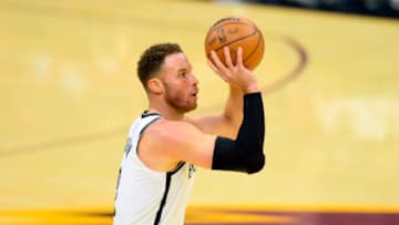 Nov 22, 2021; Cleveland, Ohio, USA; Brooklyn Nets forward Blake Griffin (2) shoots in the first quarter against the Cleveland Cavaliers at Rocket Mortgage FieldHouse. Mandatory Credit: David Richard-USA TODAY Sports
