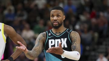 Mar 22, 2023; Salt Lake City, Utah, USA; Portland Trail Blazers guard Damian Lillard (0) reacts to a call against the Utah Jazz in the fourth quarter at Vivint Arena. Mandatory Credit: Rob Gray-USA TODAY Sports
