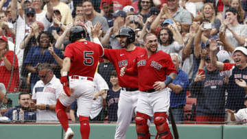 BOSTON, MA - JULY 25: Enrique Hernandez #5 of the Boston Red Sox (Photo By Winslow Townson/Getty Images)