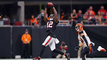 ATLANTA, GA - SEPTEMBER 30: Mohamed Sanu #12 of the Atlanta Falcons makes a catch during the second quarter against the Cincinnati Bengals at Mercedes-Benz Stadium on September 30, 2018 in Atlanta, Georgia. (Photo by Kevin C. Cox/Getty Images)
