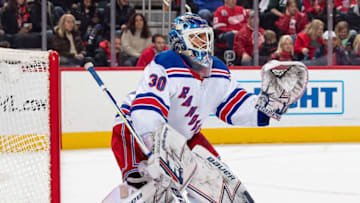 DETROIT, MI - NOVEMBER 09: Henrik Lundqvist #30 of the New York Rangers follows the play against the Detroit Red Wings during an NHL game at Little Caesars Arena on November 9, 2018 in Detroit, Michigan. The Wings defeated the Rangers 3-2 in overtime. (Photo by Dave Reginek/NHLI via Getty Images)