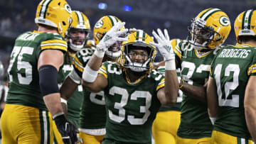 ARLINGTON, TX - OCTOBER 6: Aaron Jones #33 of the Green Bay Packers celebrates after scoring his fourth touchdown during a game against the Dallas Cowboys at AT&T Stadium on October 6, 2019 in Arlington, Texas. (Photo by Wesley Hitt/Getty Images)