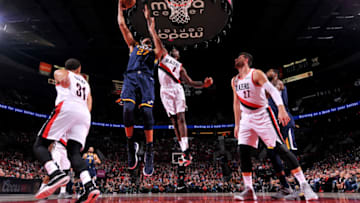PORTLAND, OR - OCTOBER 7: Rudy Gobert #27 of the Utah Jazz shoots the ball against the Portland Trail Blazers during a pre-season game on October 7, 2018 at the Moda Center in Portland, Oregon. NOTE TO USER: User expressly acknowledges and agrees that, by downloading and or using this Photograph, user is consenting to the terms and conditions of the Getty Images License Agreement. Mandatory Copyright Notice: Copyright 2018 NBAE (Photo by Sam Forencich/NBAE via Getty Images)