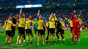 Dortmund players celebrated with their fans after the 2-2 draw at the Santiago Bernabeu against Real Madrid last season