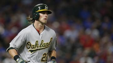 Jul 26, 2016; Arlington, TX, USA; Oakland Athletics right fielder Josh Reddick (22) rounds the bases after hitting a two run home run in the fourth inning against the Texas Rangers at Globe Life Park in Arlington. Mandatory Credit: Tim Heitman-USA TODAY Sports