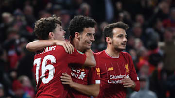 LIVERPOOL, ENGLAND - OCTOBER 30: Curtis Jones of Liverpool celebrates the fifth goal with Neco Williams during the Carabao Cup Round of 16 match between Liverpool and Arsenal at Anfield on October 30, 2019 in Liverpool, England. (Photo by Laurence Griffiths/Getty Images)