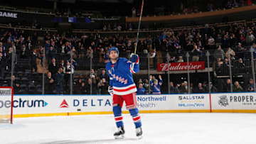 NEW YORK, NY - JANUARY 09: Tony DeAngelo #77 of the New York Rangers salutes the crowd after being named the first star of the game against the New Jersey Devils at Madison Square Garden on January 9, 2020 in New York City. (Photo by Jared Silber/NHLI via Getty Images)