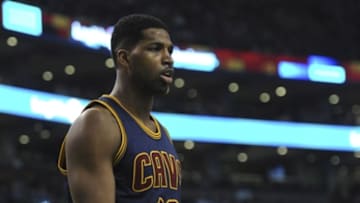 Apr 26, 2015; Boston, MA, USA; Cleveland Cavaliers center Tristan Thompson (13) reacts after committing a foul during the first half in game four of the first round of the NBA Playoffs against the Boston Celtics. at TD Garden. Mandatory Credit: Bob DeChiara-USA TODAY Sports