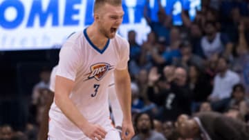 Domantas Sabonis #3 of the Oklahoma City Thunder reacts after scoring tw0 points against the Los Angeles Clippers during the second half of a NBA game at the Chesapeake Energy Arena on November 11, 2016 in Oklahoma City, Oklahoma. The Clippers won 110-108. NOTE TO USER: User expressly acknowledges and agrees that, by downloading and or using this photograph, User is consenting to the terms and conditions of the Getty Images License Agreement. (Photo by J Pat Carter/Getty Images)