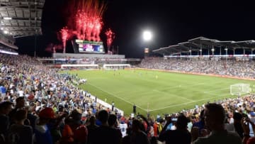 Jul 29, 2015; Denver, CO, USA; General view of pyrotechnics at the end of the second half of the 2015 MLS All Star Game at Dick