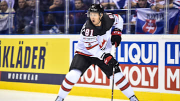 KOSICE, SLOVAKIA - MAY 10: Jonathan Marchessault #81 of Canada controls the puck during the 2019 IIHF Ice Hockey World Championship Slovakia group A game between Finland and Canada at Steel Arena on May 10, 2019 in Kosice, Slovakia. (Photo by Lukasz Laskowski/PressFocus/MB Media/Getty Images)