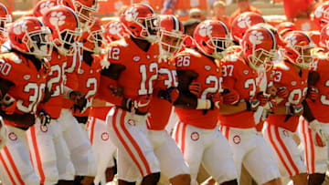 CLEMSON, SC - SEPTEMBER 2: Players for the Clemson Tigers walk to the end zone during pregame warmups before their game against the Kent State Golden Flashes on September 2, 2017 at Memorial Stadium in Clemson, South Carolina. (Photo by Todd Bennett/Getty Images)