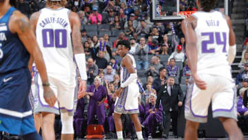 SACRAMENTO, CA - NOVEMBER 9: De'Aaron Fox #5 of the Sacramento Kings looks on during the game against the Minnesota Timberwolves on November 9, 2018 at Golden 1 Center in Sacramento, California. NOTE TO USER: User expressly acknowledges and agrees that, by downloading and or using this photograph, User is consenting to the terms and conditions of the Getty Images Agreement. Mandatory Copyright Notice: Copyright 2018 NBAE (Photo by Rocky Widner/NBAE via Getty Images)