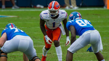 Sep 26, 2020; Oxford, Mississippi, USA; Florida Gators linebacker Brenton Cox Jr. (1) during the game against the Mississippi Rebels at Vaught-Hemingway Stadium. Mandatory Credit: Justin Ford-USA TODAY Sports