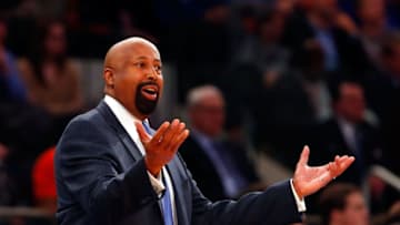 NEW YORK, NY - APRIL 04: (NEW YORK DAILIES OUT) Head coach Mike Woodson of the New York Knicks in action against the Washington Wizards at Madison Square Garden on April 4, 2014 in New York City. The Wizards defeated the Knicks 90-89. NOTE TO USER: User expressly acknowledges and agrees that, by downloading and/or using this Photograph, user is consenting to the terms and conditions of the Getty Images License Agreement. (Photo by Jim McIsaac/Getty Images)