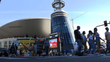 May 1, 2021; Nashville, Tennessee, USA; General view of Bridgestone Arena and Broadway Ave before the game between the Nashville Predators and the Dallas Stars. Mandatory Credit: Christopher Hanewinckel-USA TODAY Sports