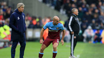 LONDON, ENGLAND - OCTOBER 26: Pablo Zabaleta of West Ham United gathers the ball during the Premier League match between West Ham United and Sheffield United at London Stadium on October 26, 2019 in London, United Kingdom. (Photo by Stephen Pond/Getty Images)