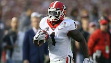 PASADENA, CA - JANUARY 01: Sony Michel #1 of the Georgia Bulldogs runs to the end zone for a touchdown tying the game 31-31 in the 2018 College Football Playoff Semifinal Game at the Rose Bowl Game presented by Northwestern Mutual at the Rose Bowl on January 1, 2018 in Pasadena, California. (Photo by Matthew Stockman/Getty Images)