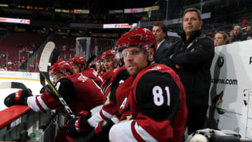 GLENDALE, ARIZONA - SEPTEMBER 17: (former Boston Bruins draft pick) Phil Kessel #81 of the Arizona Coyotes looks on from the bench during the third period of an NHL preseason game against the Los Angeles Kings at Gila River Arena on September 17, 2019 in Glendale, Arizona. (Photo by Norm Hall/NHLI via Getty Images)