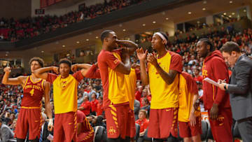 LUBBOCK, TX - JANUARY 16: Iowa State Cyclones celebrate their play on the court during the second half of the game against the Texas Tech Red Raiders on January 16, 2019 at United Supermarkets Arena in Lubbock, Texas. Iowa State defeated Texas Tech 68-64. (Photo by John Weast/Getty Images)