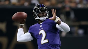 NEW ORLEANS, LA - AUGUST 28: Tyrod Taylor #2 of the Baltimore Ravens throws a pass against the New Orleans Saints at the Mercedes-Benz Superdome on August 28, 2014 in New Orleans, Louisiana. (Photo by Chris Graythen/Getty Images)