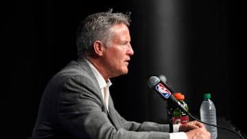 BOSTON, MA - MAY 9: Brett Brown of the Philadelphia 76ers talks to the media after the game against the Boston Celtics in Game Five of the Eastern Conference Semifinals of the 2018 NBA Playoffs on May 9, 2018 at TD Garden in Boston, Massachusetts. NOTE TO USER: User expressly acknowledges and agrees that, by downloading and or using this Photograph, user is consenting to the terms and conditions of the Getty Images License Agreement. Mandatory Copyright Notice: Copyright 2018 NBAE (Photo by Brian Babineau/NBAE via Getty Images)