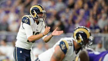 MINNEAPOLIS, MN - SEPTEMBER 1: Jared Goff #16 of the Los Angeles Rams calls a play at the looks on against the Minnesota Vikings during the game on September 1, 2016 at US Bank Stadium in Minneapolis, Minnesota. The Vikings defeated the Rams 27-25. (Photo by Hannah Foslien/Getty Images)