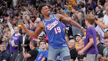 SACRAMENTO, CA - JULY 1: Buddy Hield #5 of the Sacramento Kings throws towels to fans during the game against the Golden State Warriors on July 1, 2019 at the Golden 1 Center, in Phoenix, Arizona. NOTE TO USER: User expressly acknowledges and agrees that, by downloading and or using this photograph, User is consenting to the terms and conditions of the Getty Images License Agreement. Mandatory Copyright Notice: Copyright 2019 NBAE (Photo by Rocky Widner/NBAE via Getty Images)
