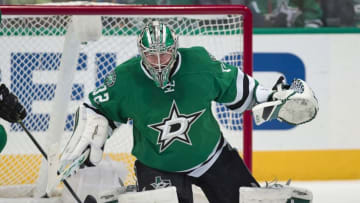 Apr 7, 2016; Dallas, TX, USA; Dallas Stars goalie Kari Lehtonen (32) makes a save against the Colorado Avalanche during the third period at the American Airlines Center. The Stars won 4-2. Mandatory Credit: Jerome Miron-USA TODAY Sports