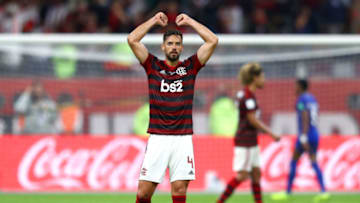 DOHA, QATAR - DECEMBER 17: Pablo Mari of CR Flamengo celebrates victory after the FIFA Club World Cup semi-final match between CR Flamengo and Al Hilal FC at Khalifa International Stadium on December 17, 2019 in Doha, Qatar. (Photo by Francois Nel/Getty Images)