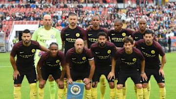 Manchester City's players pose for a team photo prior to a friendly football match between Arsenal and Manchester City at the Ullevi stadium in Gothenburg on August 7, 2016.(Up L to R) Argentinian goalkeeper Willy Caballero, Serbian defender Aleksandar Kolarov, Brazilian midfielder Fernando Reges, Brazilian midfielder Fernandinho Luiz Roza, English midfielder Fabian Delph.(Bottom L to R) Argentinian forward Sergio Aguero, English midfielder Raheem Sterling, Argentinian defender Pablo Zabaleta, French defender Gael Clichy, Spanish midfielder David Silva, Spanish striker Nolito. / AFP / JONATHAN NACKSTRAND (Photo credit should read JONATHAN NACKSTRAND/AFP/Getty Images)