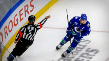 Sep 3, 2020; Edmonton, Alberta, CAN; Vancouver Canucks center Bo Horvat (53) scores a goal against the Vegas Golden Knights during the third period in game six of the second round of the 2020 Stanley Cup Playoffs at Rogers Place. Mandatory Credit: Perry Nelson-USA TODAY Sports