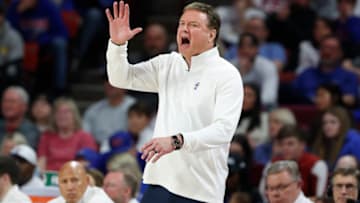 Feb 11, 2023; Norman, Oklahoma, USA; Kansas Jayhawks head coach Bill Self yells to his team on a play against the Oklahoma Sooners during the second half at Lloyd Noble Center. Kansas won 78-55. Mandatory Credit: Alonzo Adams-USA TODAY Sports