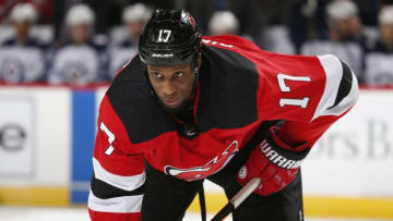 NEWARK, NJ- OCTOBER 04: Wayne Simmonds #17 of the New Jersey Devils playing in his first game with the New Jersey Devils looks on during the game against the Winnipeg Jets on October 4, 2019 at Prudential Center in Newark, New Jersey. (Photo by Andy Marlin/NHLI via Getty Images)