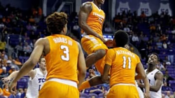 Jan 30, 2016; Fort Worth, TX, USA; Tennessee Volunteers forward Armani Moore (4) reacts after blocking a shot against the TCU Horned Frogs during the first half at Ed and Rae Schollmaier Arena. Mandatory Credit: Kevin Jairaj-USA TODAY Sports