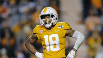 KNOXVILLE, TENNESSEE - NOVEMBER 30: Nigel Warrior #18 of the Tennessee Volunteers looks to the sideline during a break in the game against the Vanderbilt Commodores at Neyland Stadium on November 30, 2019 in Knoxville, Tennessee. (Photo by Silas Walker/Getty Images)