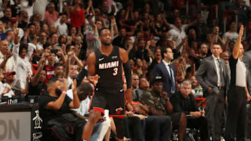 MIAMI, FL - OCTOBER 20: Dwyane Wade #3 of the Miami Heat reacts to a play during the game against the Charlotte Hornets on October 20, 2018 at American Airlines Arena in Miami, Florida. NOTE TO USER: User expressly acknowledges and agrees that, by downloading and/or using this photograph, user is consenting to the terms and conditions of the Getty Images License Agreement. Mandatory Copyright Notice: Copyright 2018 NBAE (Photo by Oscar Baldizon/NBAE via Getty Images)