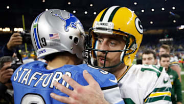 DETROIT, MI - JANUARY 1: Quarterback Aaron Rodgers #12 of the Green Bay Packers greets Matthew Stafford #9 of the Detroit Lions after the Packers defeated the Detroit Lions 31-24 at Ford Field on January 1, 2017 in Detroit, Michigan. (Photo by Gregory Shamus/Getty Images)