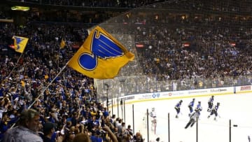 May 23, 2016; St. Louis, MO, USA; St. Louis Blues fans cheer in support after a goal scored by St. Louis Blues right wing Troy Brouwer (36) against the San Jose Sharks in the first period in game five of the Western Conference Final of the 2016 Stanley Cup Playoffs at Scottrade Center. The Sharks won 6-3. Mandatory Credit: Aaron Doster-USA TODAY Sports