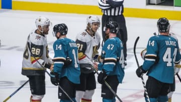 SAN JOSE, CA - APRIL 23: San Jose Sharks defenseman Joakim Ryan (47) shakes hands with Vegas Golden Knights center William Karlsson (71) after Game 7, Round 1 between the Vegas Golden Knights and the San Jose Sharks on Tuesday, April 23, 2019 at the SAP Center in San Jose, California. (Photo by Douglas Stringer/Icon Sportswire via Getty Images)