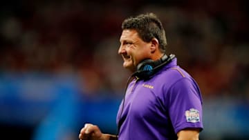 ATLANTA, GEORGIA - DECEMBER 28: Head coach Ed Orgeron of the LSU Tigers looks on from the sidelines during the game against the Oklahoma Sooners in the Chick-fil-A Peach Bowl at Mercedes-Benz Stadium on December 28, 2019 in Atlanta, Georgia. (Photo by Todd Kirkland/Getty Images)