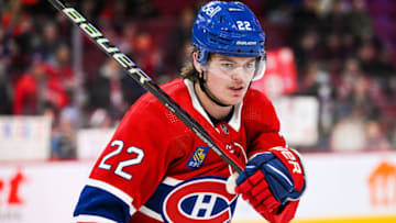 Jan 17, 2023; Montreal, Quebec, CAN; Montreal Canadiens right wing Cole Caufield (22) during warm-up before the game against the Winnipeg Jets at Bell Centre. Mandatory Credit: David Kirouac-USA TODAY Sports