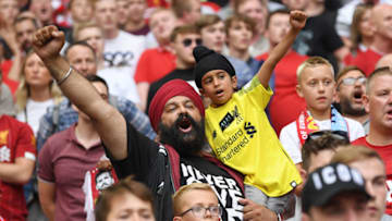 LONDON, ENGLAND - AUGUST 04: Liverpool fans enjoy the atmosphere during the FA Community Shield match between Liverpool and Manchester City at Wembley Stadium on August 04, 2019 in London, England. (Photo by Michael Regan/Getty Images)