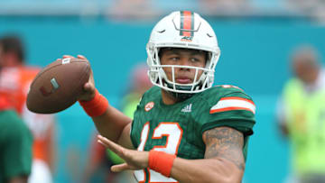 MIAMI GARDENS, FL - APRIL 14: Malik Rosier #12 of the Miami Hurricanes throws the ball prior to the spring game on April 14, 2017 at Hard Rock Stadium in Miami Gardens, Florida. (Photo by Joel Auerbach/Getty Images)